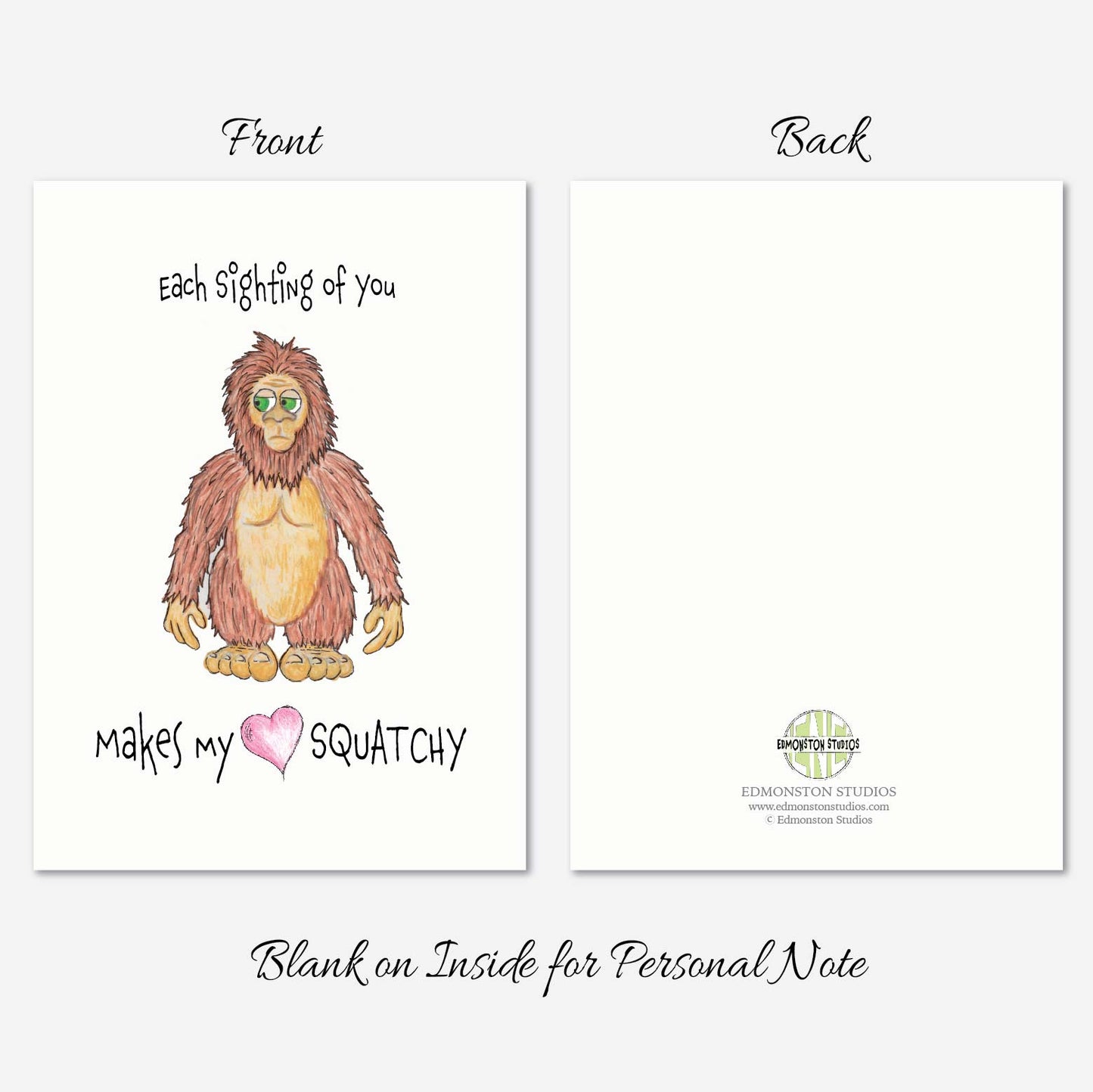 Sasquatch Big Foot Valentine's Day Card A7 5x7 on Textured Linen