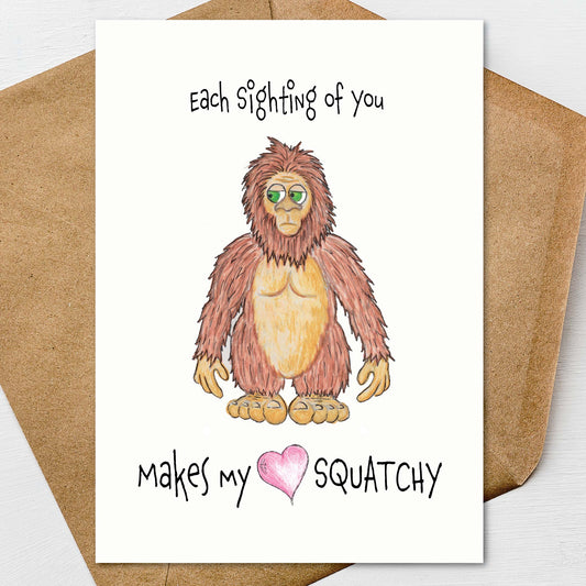 Sasquatch Big Foot Valentine's Day Card A7 5x7 on Textured Linen