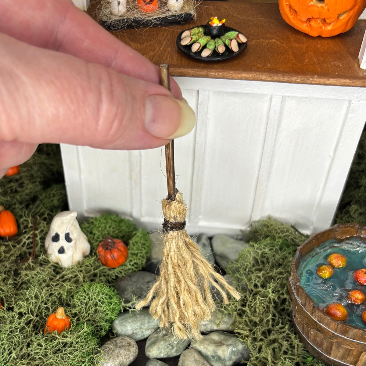 Handmade Miniature Witch Broom 1:12 Scale | Rustic Halloween Dollhouse Decor | Witches Besom | Spooky Fairy Garden Accessory