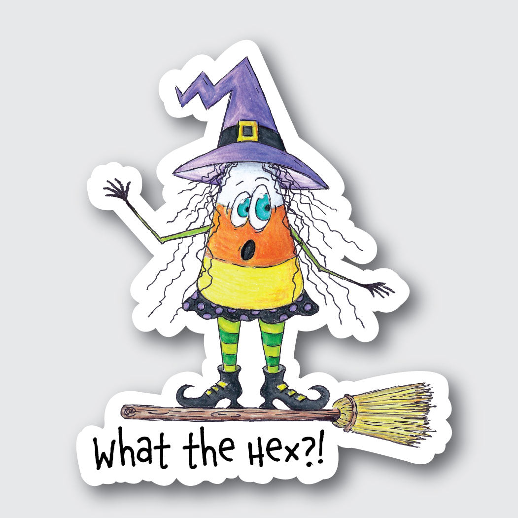 Funny Witch Sticker | What the Hex Halloween Sticker, Cute Candy Corn Witch Vinyl Decal, Spooky Season Gift