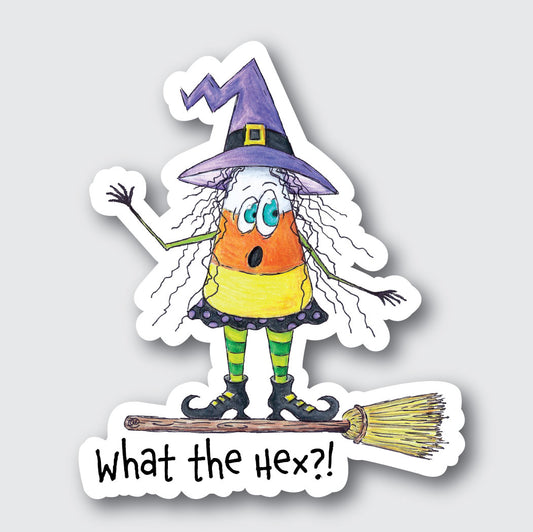 Funny Witch Sticker | What the Hex Halloween Sticker, Cute Candy Corn Witch Vinyl Decal, Spooky Season Gift