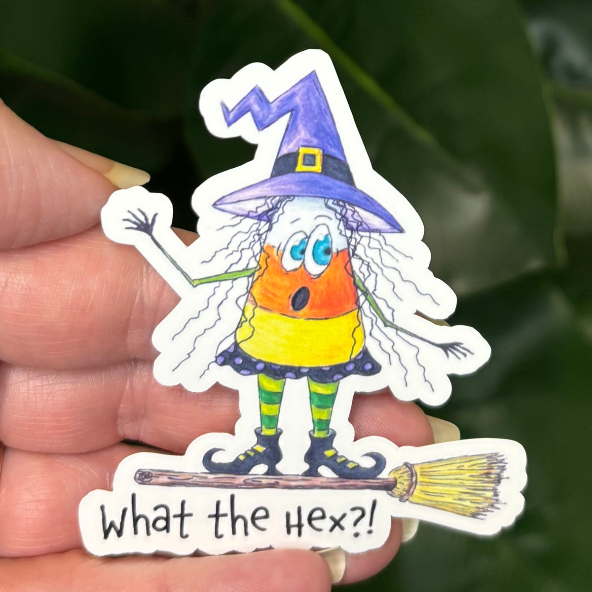 Funny Witch Sticker | What the Hex Halloween Sticker, Cute Candy Corn Witch Vinyl Decal, Spooky Season Gift