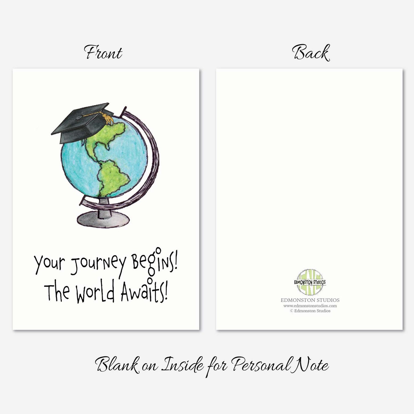 World Journey Graduation Card A7 5x7 on Textured Linen | Blank, Standard Greeting, or Personalized