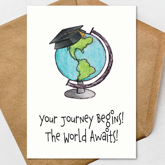 World Journey Graduation Card A7 5x7 on Textured Linen | Blank, Standard Greeting, or Personalized