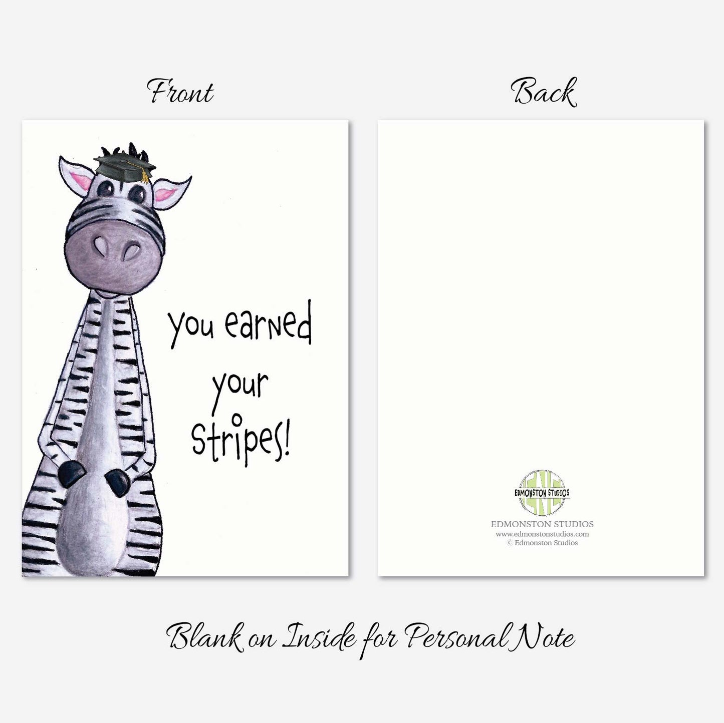 Zebra Graduation Card A7 5x7 on Textured Linen | Blank, Standard Greeting, or Personalized