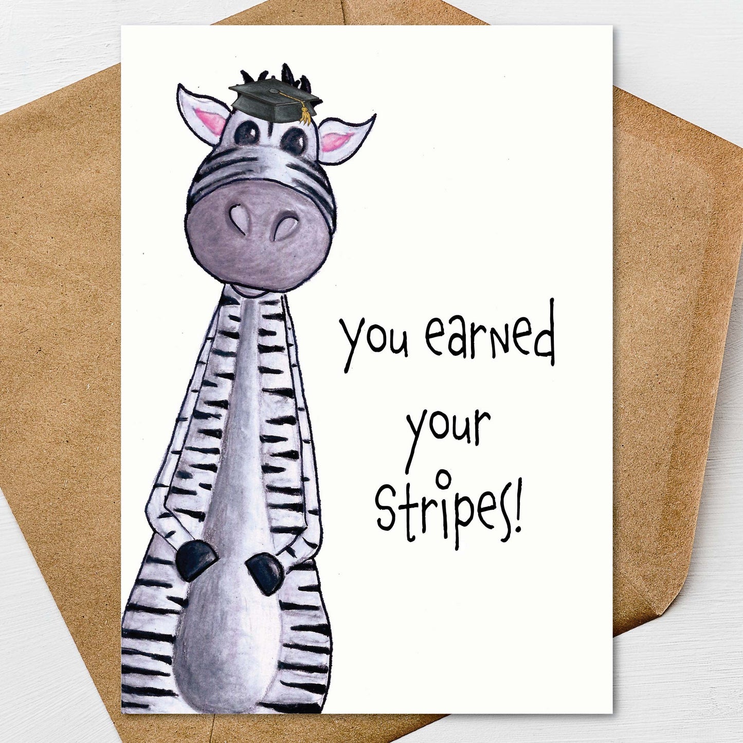 Zebra Graduation Card A7 5x7 on Textured Linen | Blank, Standard Greeting, or Personalized