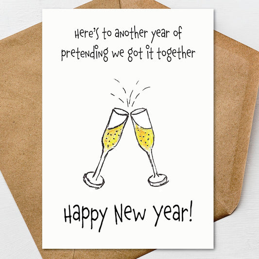 Funny New Year Greeting Card: Champagne Toast A7 5x7 on Textured Linen