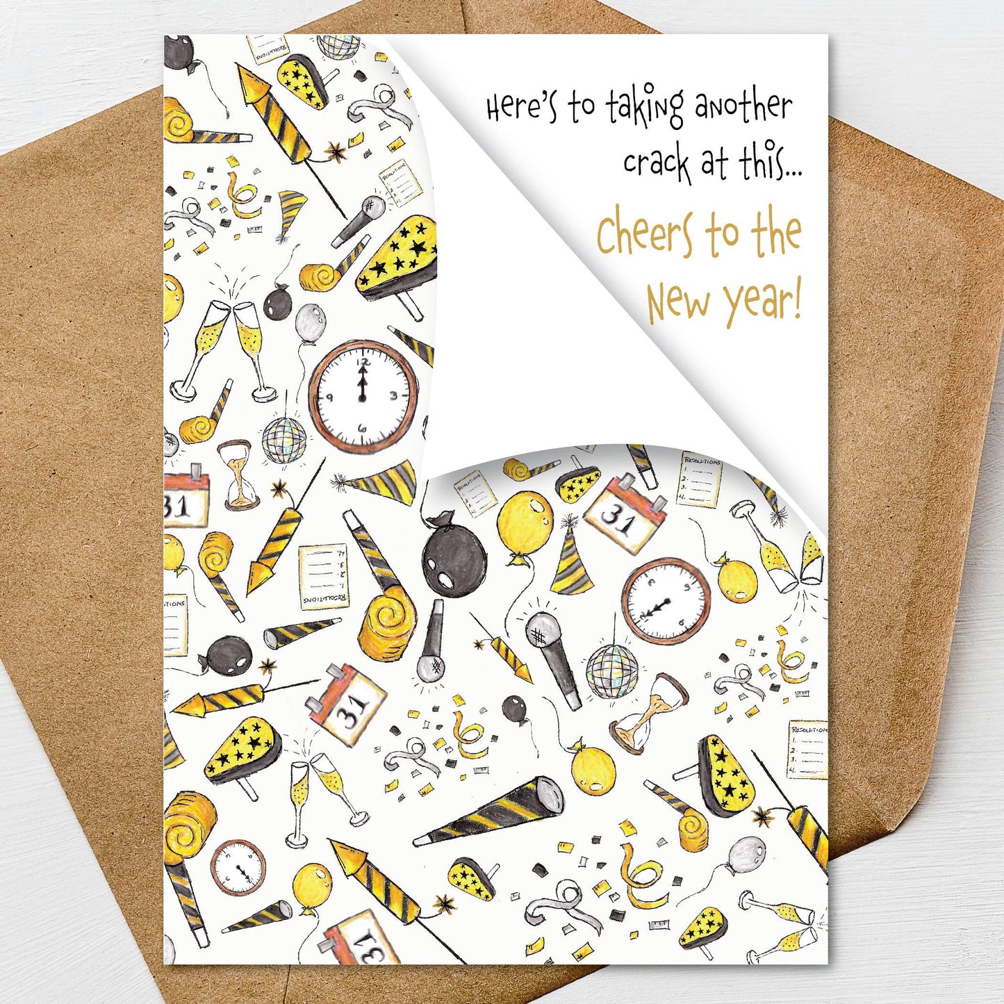 Punny Happy New Year Greeting Card A7 5x7 on Textured Linen