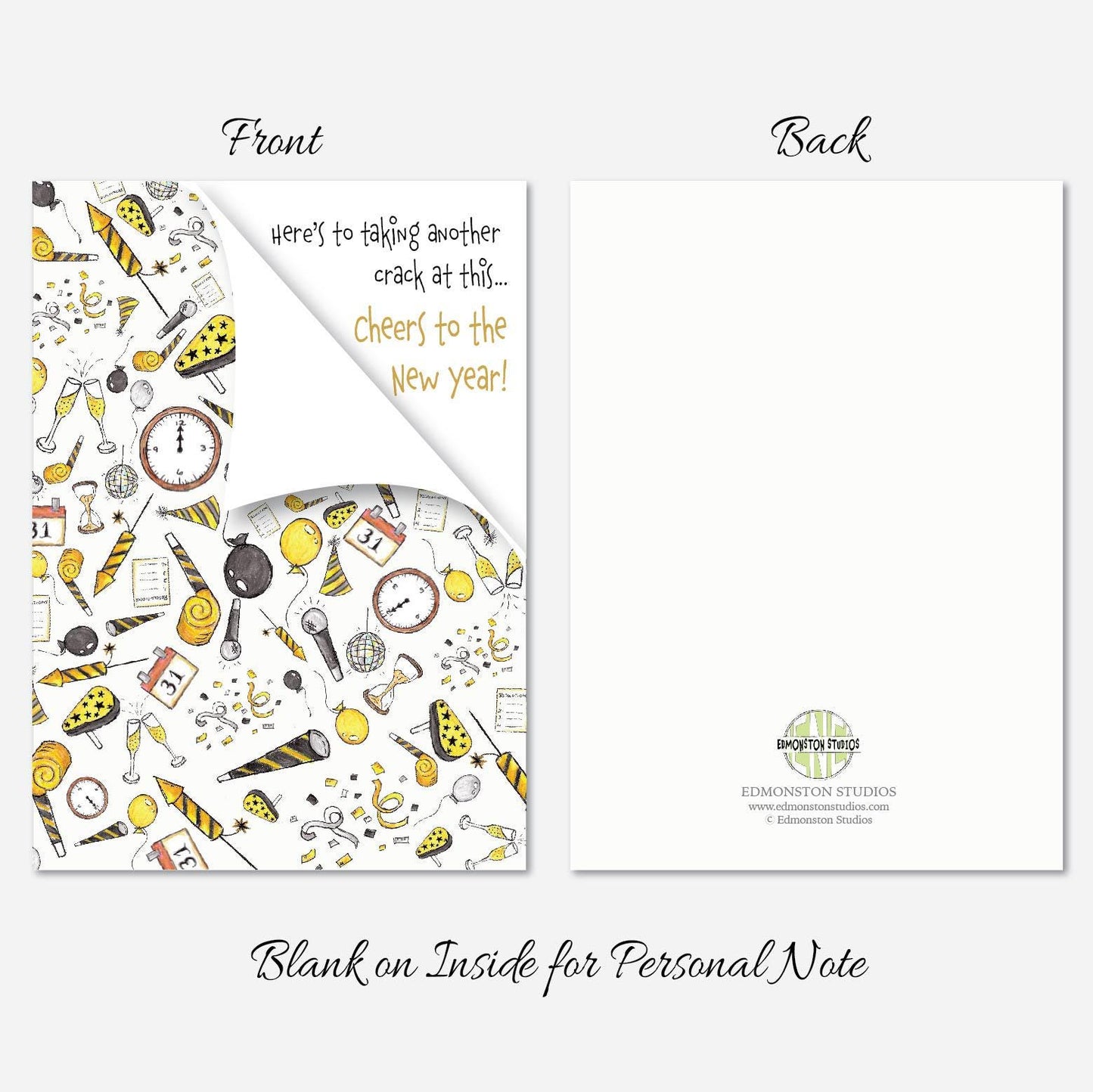 Punny Happy New Year Greeting Card A7 5x7 on Textured Linen